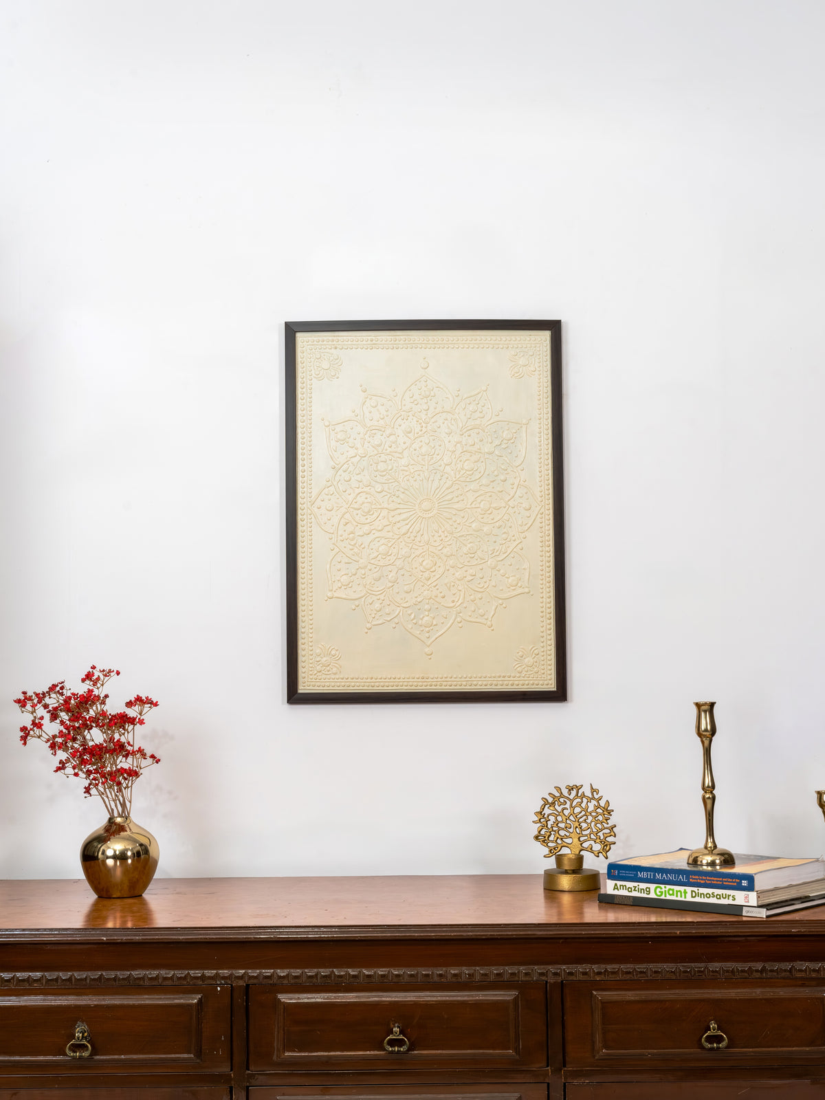 Ivory Petal Mandala Lippan wall art by Indyra, framed and ready to hang