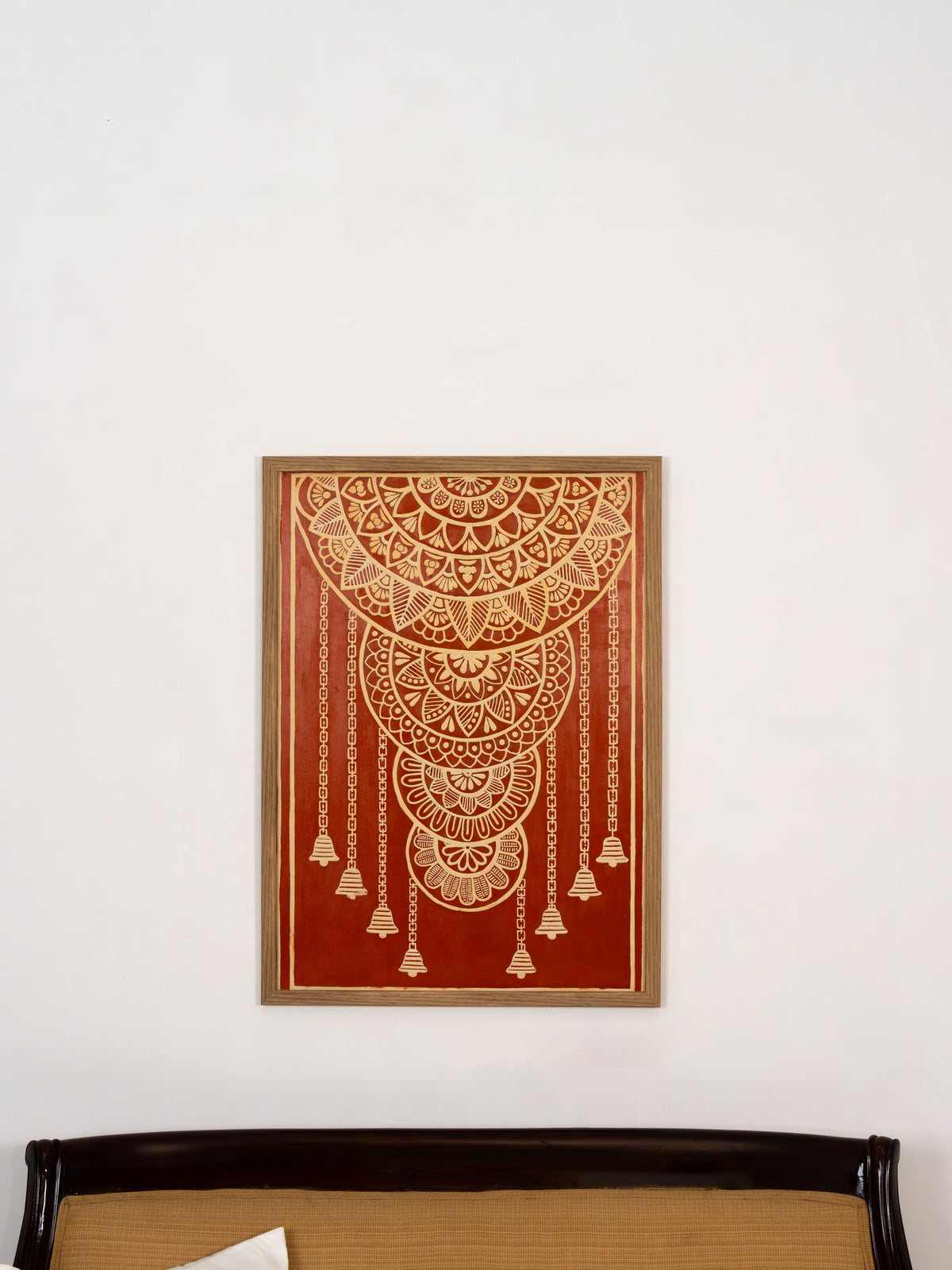 Temple Bells Mandala Lippan wall art by Indyra, framed and ready to hang