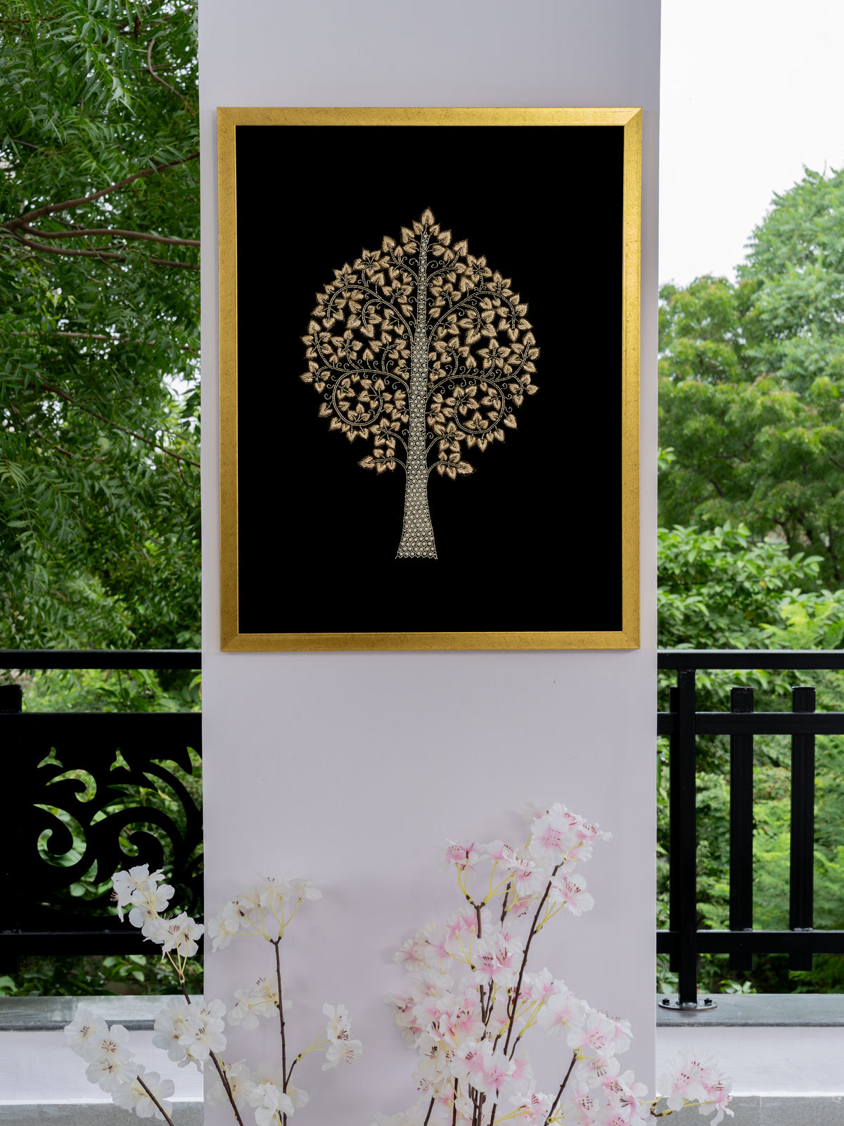 Zar Vriksha Zardozi embroidered wall art by Indyra, framed and ready to hang