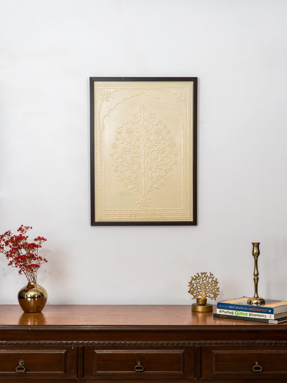 Ivory Tree Arch Relief Lippan wall art by Indyra, framed and ready to hang