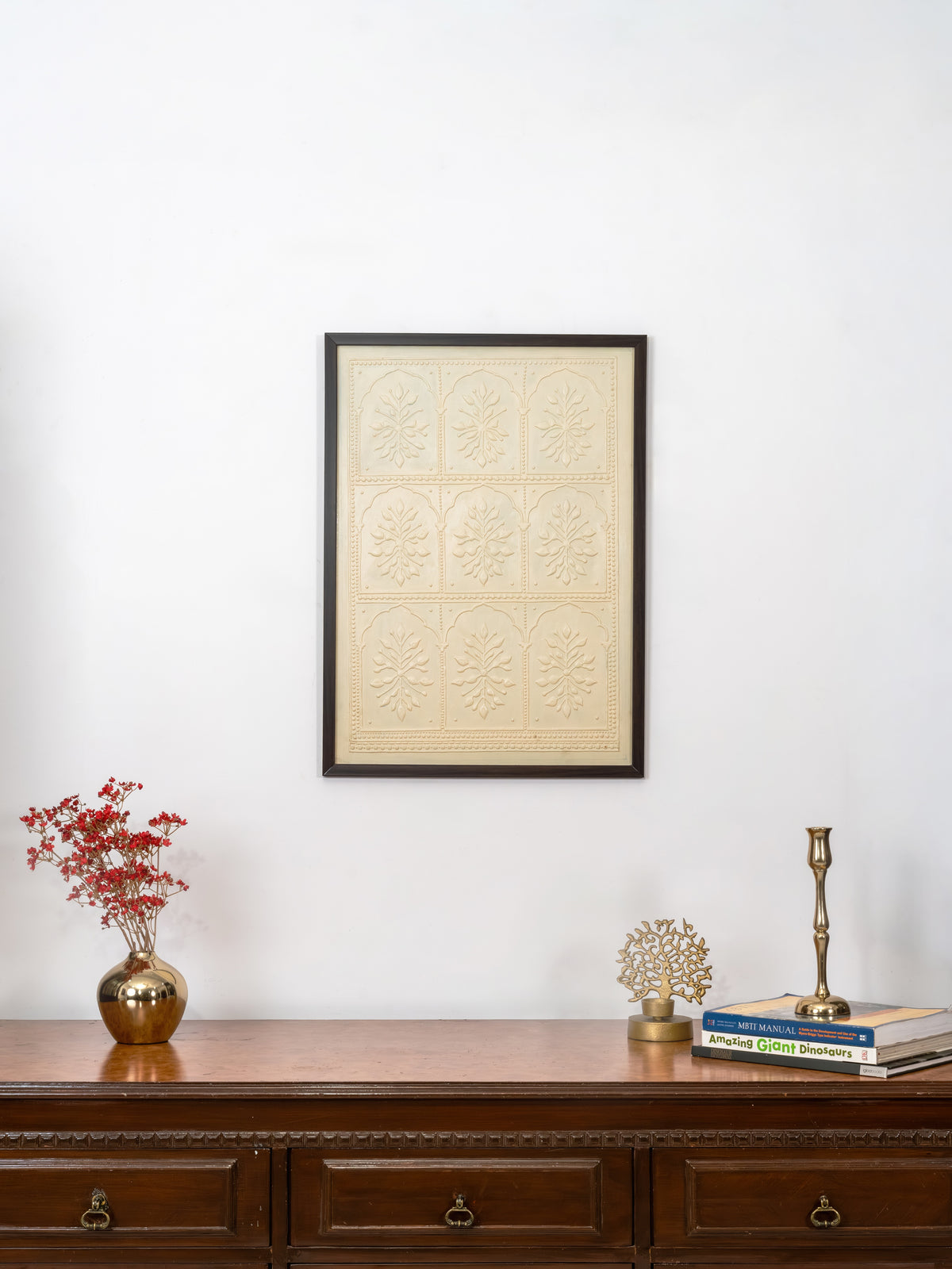 Ivory Cartouche Grid Lippan wall art by Indyra, framed and ready to hang