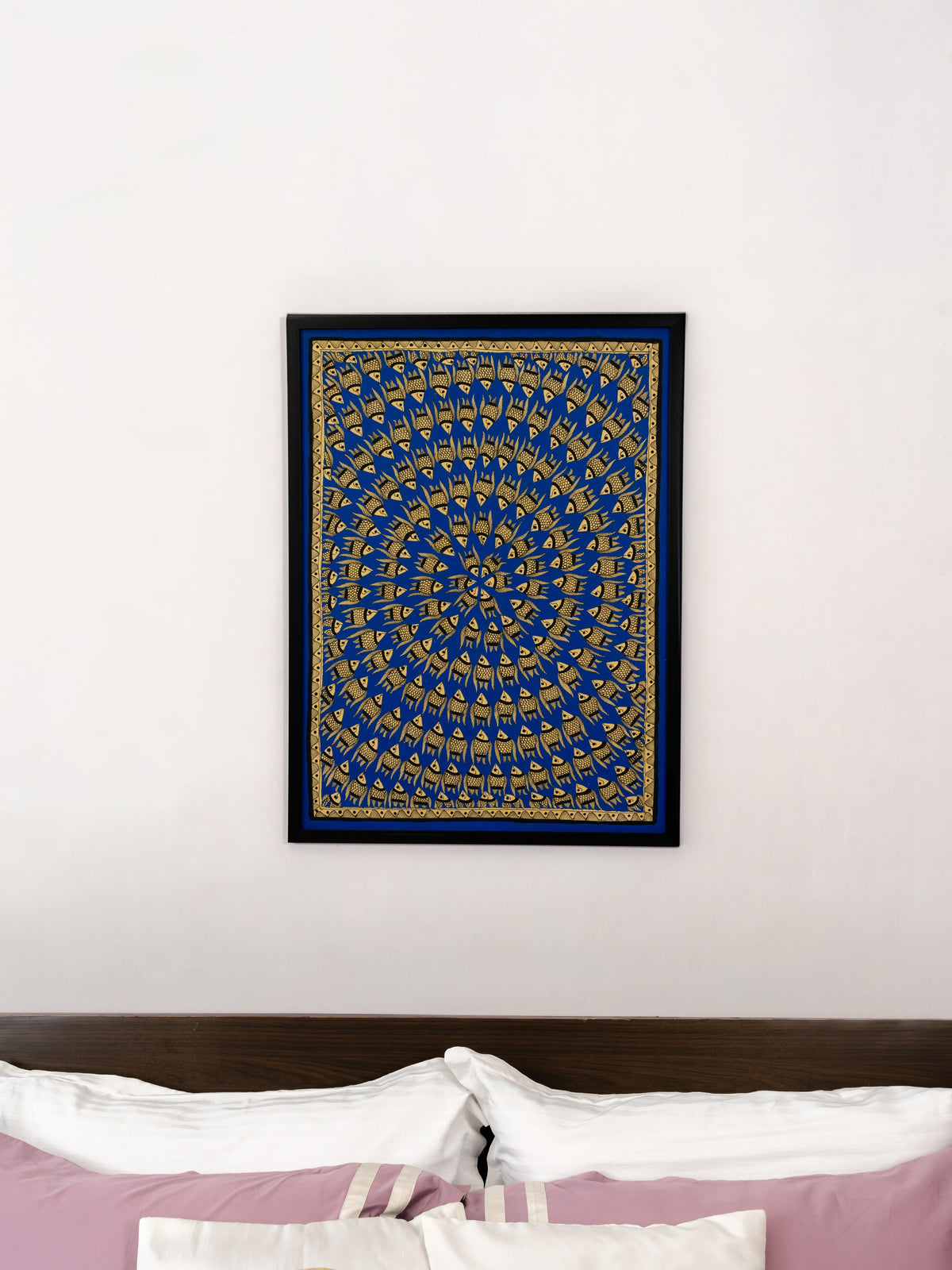 Neel Matsya Madhubani wall art by Indyra, framed and ready to hang