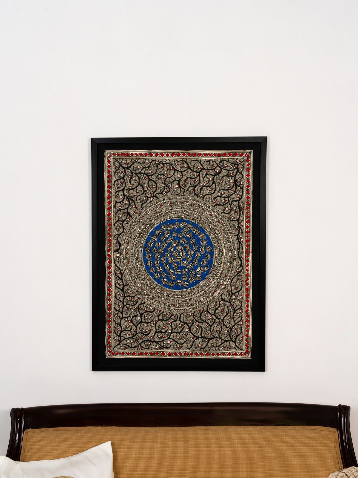 Neel Jaal Madhubani wall art by Indyra, framed and ready to hang