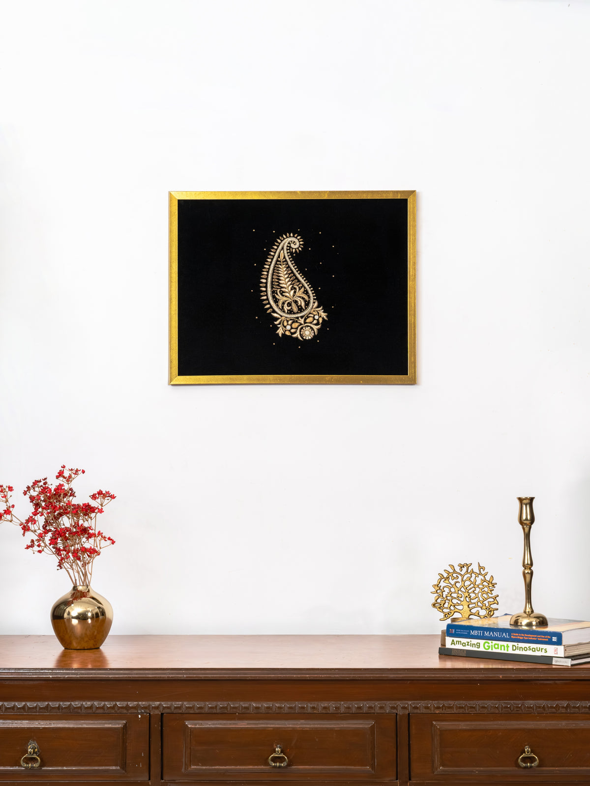 Noor Paisley Zardozi embroidered wall art by Indyra, framed and ready to hang