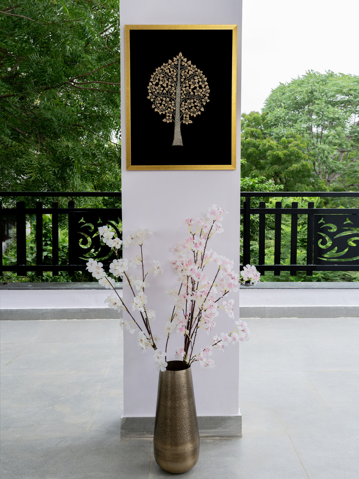Branches picked out in blue-grey metallic thread with gold flower centres
