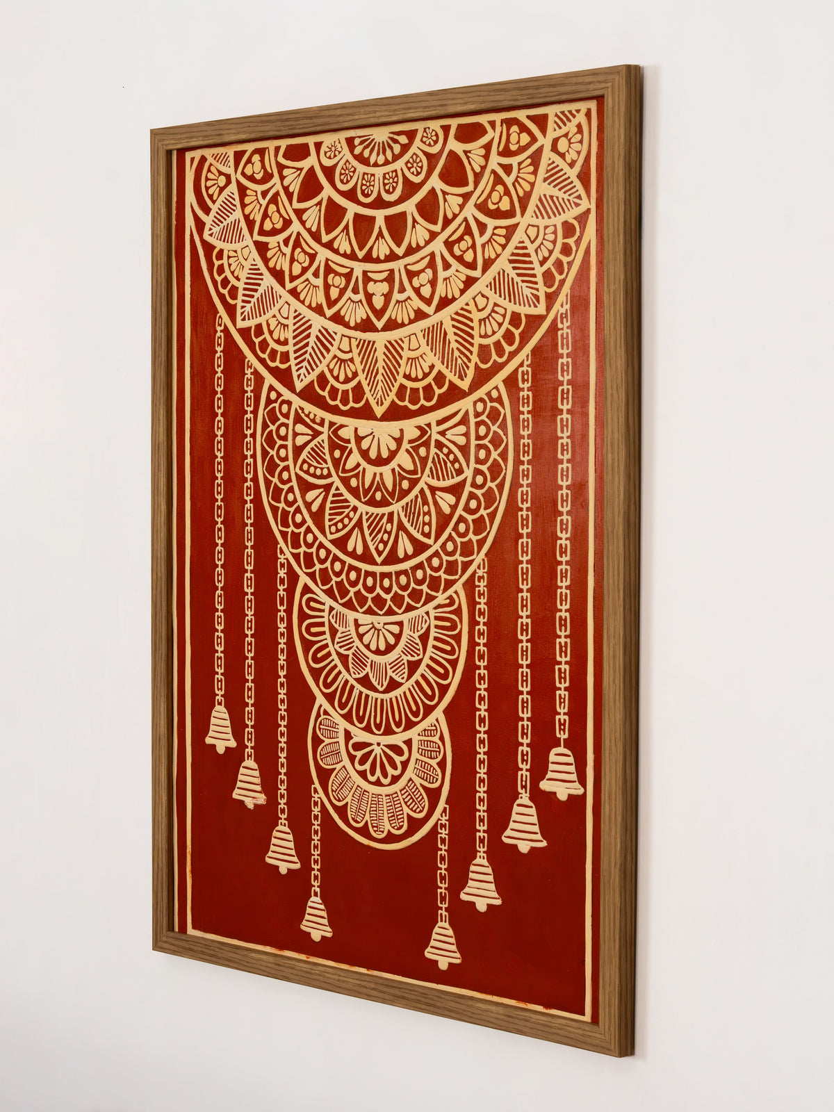 Temple Bells Mandala, handmade Lippan panel evoking temple hangings