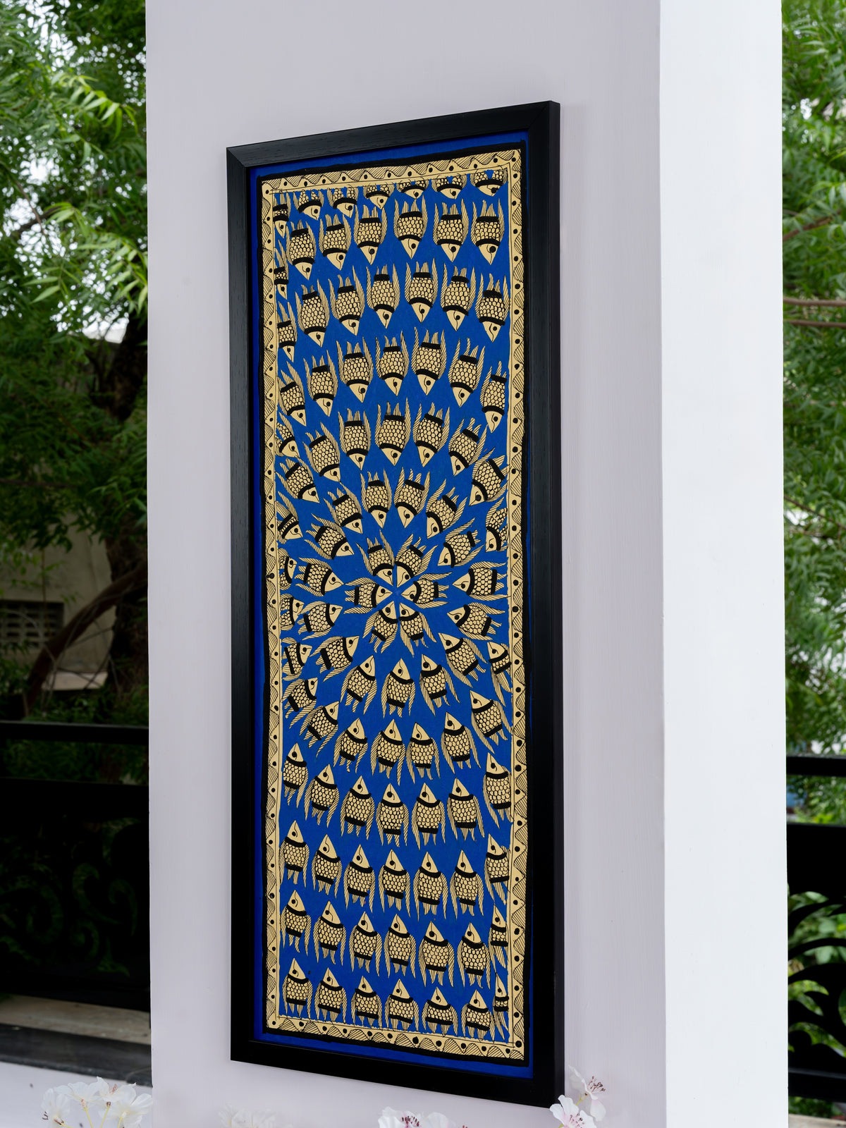 Neel Lahar, hand-painted Madhubani wall panel in cobalt blue