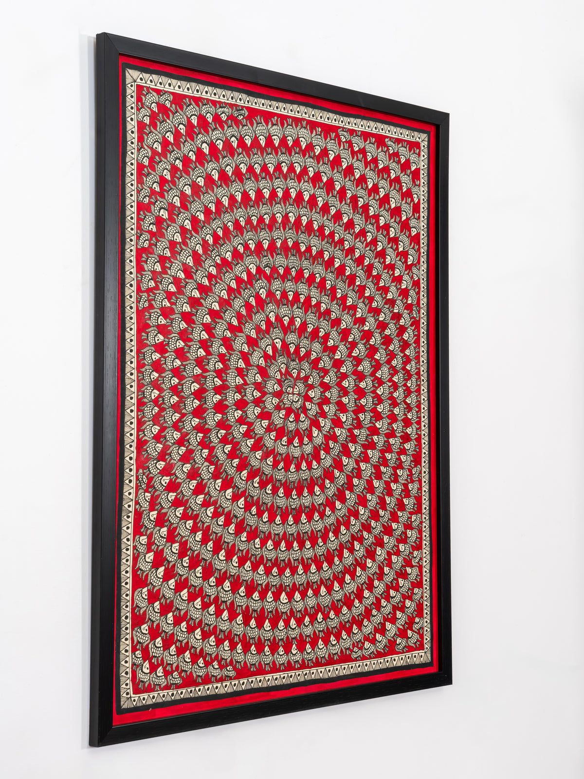 Fine repetitive linework characteristic of Madhubani painting in Matsya Vritta