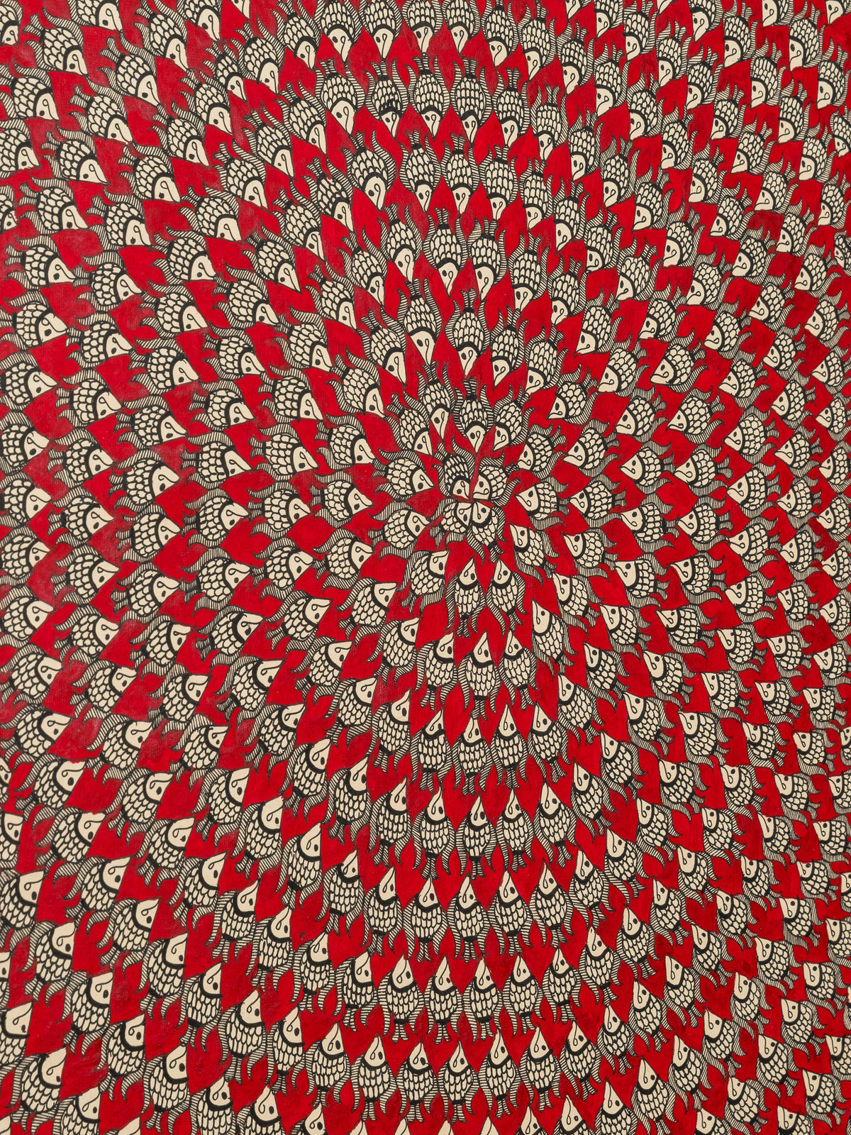 Matsya Vritta, crimson Madhubani wall art hand-painted in the Mithila tradition