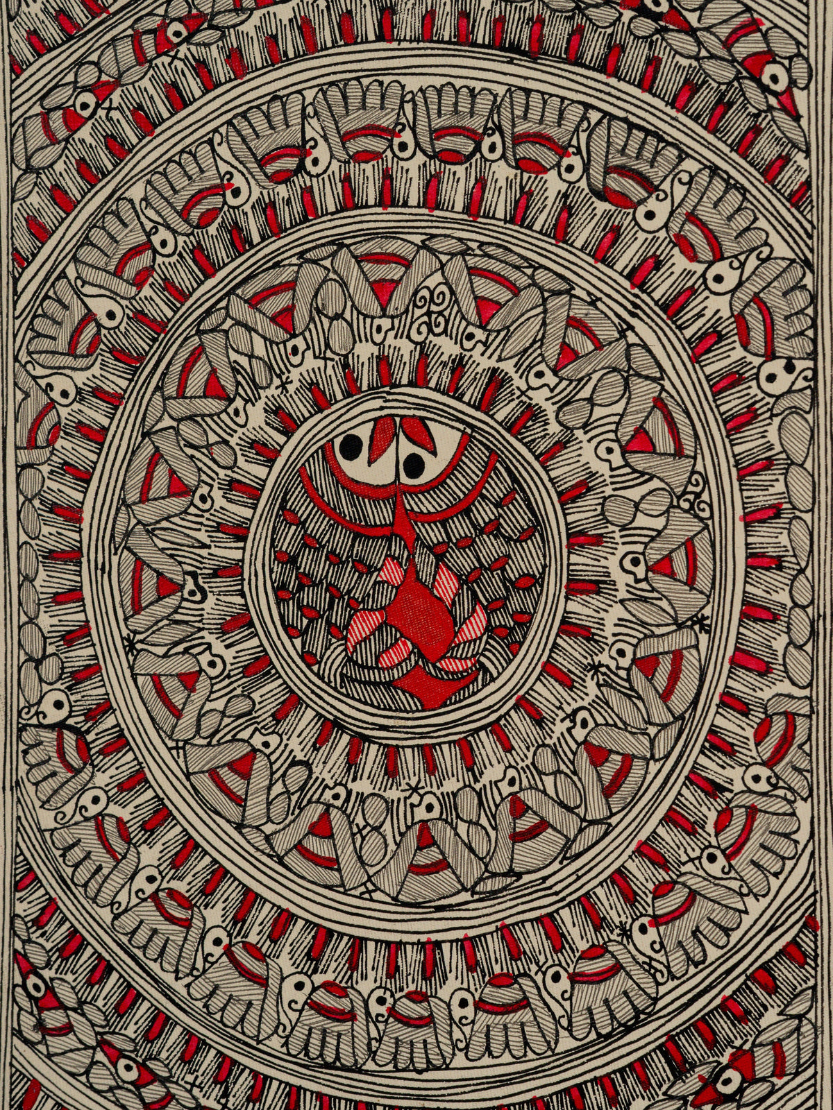 Detail of earthy black and vermilion Madhubani linework in Anant Chakra