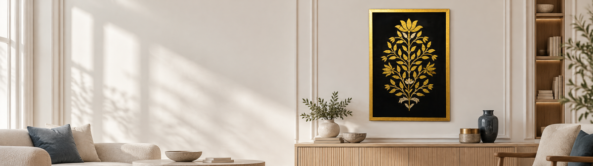 Glass inlay artwork in a sunlit room